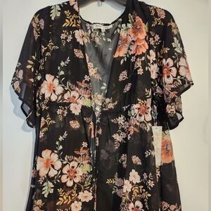 KontroL Contemporary Kimono Cover-up Black Peach Floral S Elastic Tie Waist Dark